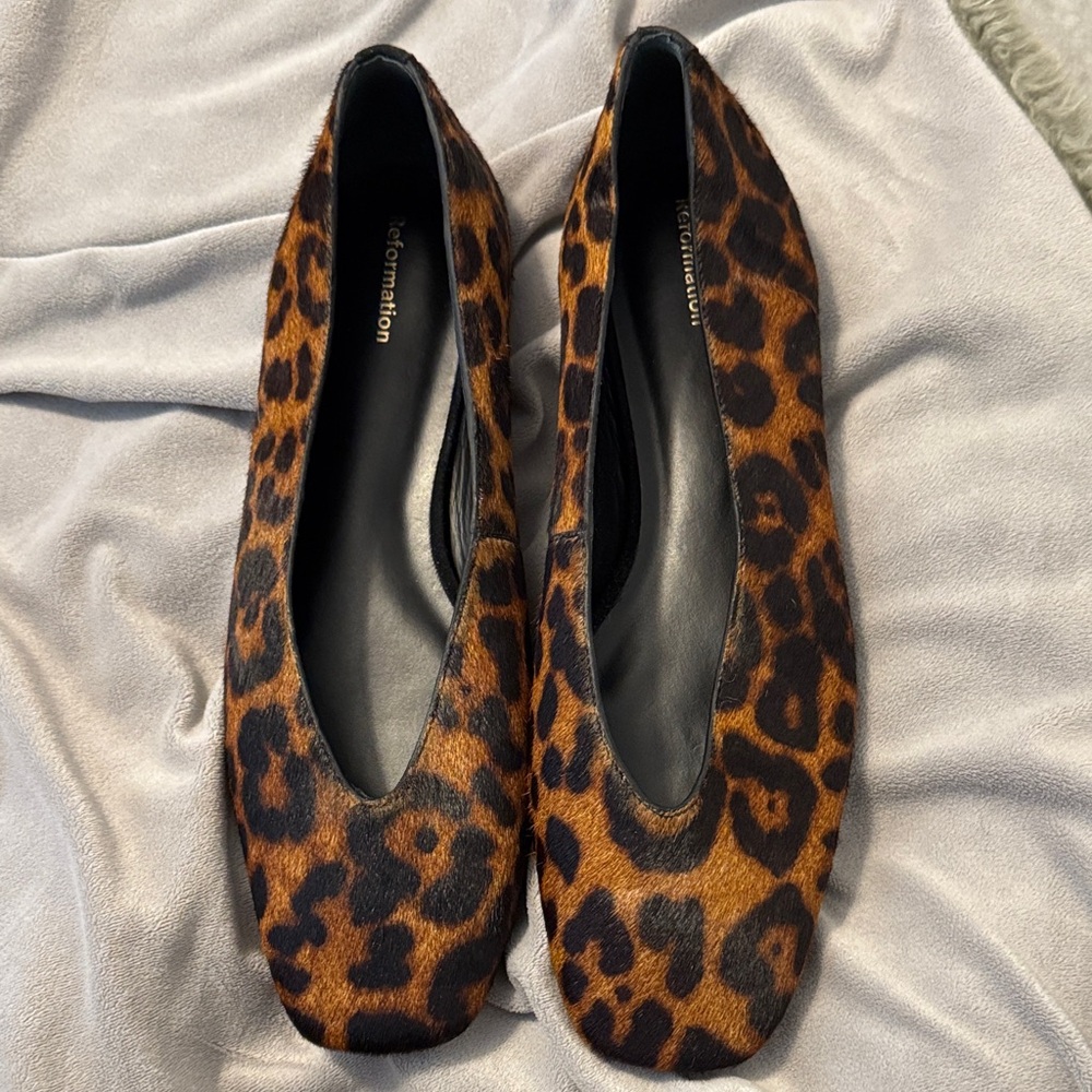 Reformation Leopard Print Calf Hair Flats